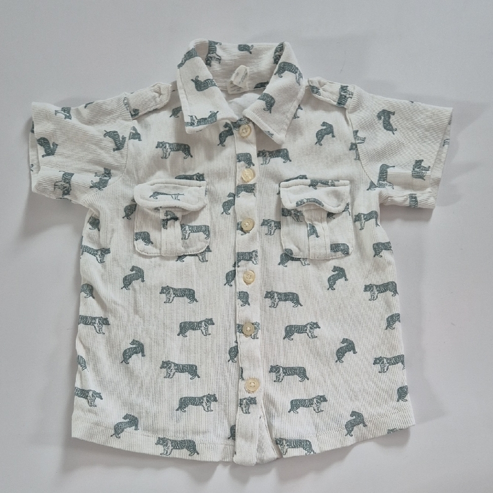 Kate Quinn White and Green Animal Print Button Down Shirt